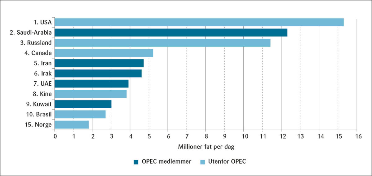 Figur 1: Verdens største oljeprodusenter, 2019.<br> 