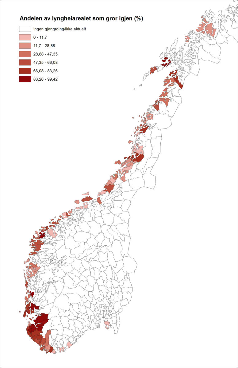 Figur 2: Prosent av kystlynghei karakterisert som gjengrodd etter kommune<br><br>Kilde: NIBIO og Miljødirektoratets Naturbase