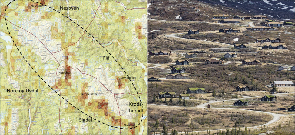 Figur 1: Kartet til venstre viser hyttetetthet (mørkerødt er tettest) i Norefjell-Reinsjøfjell og bildet til høyre viser landskapet i Gulvikfjellet i Flå kommune.