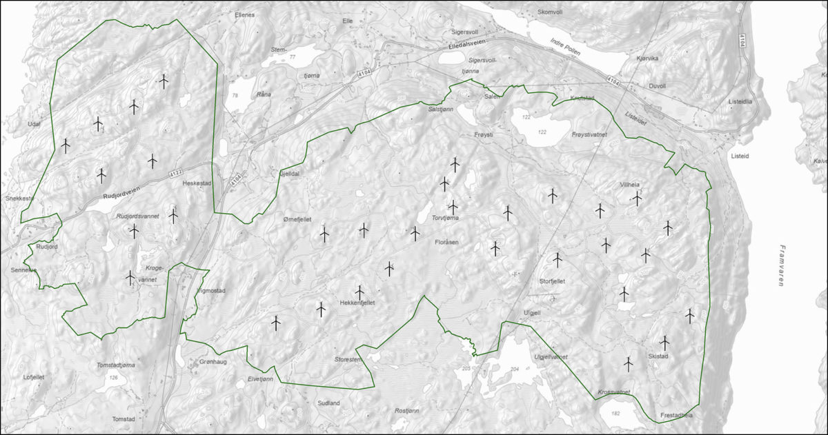 Figur 2: Vindkraftverket på Lista, hvor grønn linje er vindkraftgrensen rundt vindturbinene.