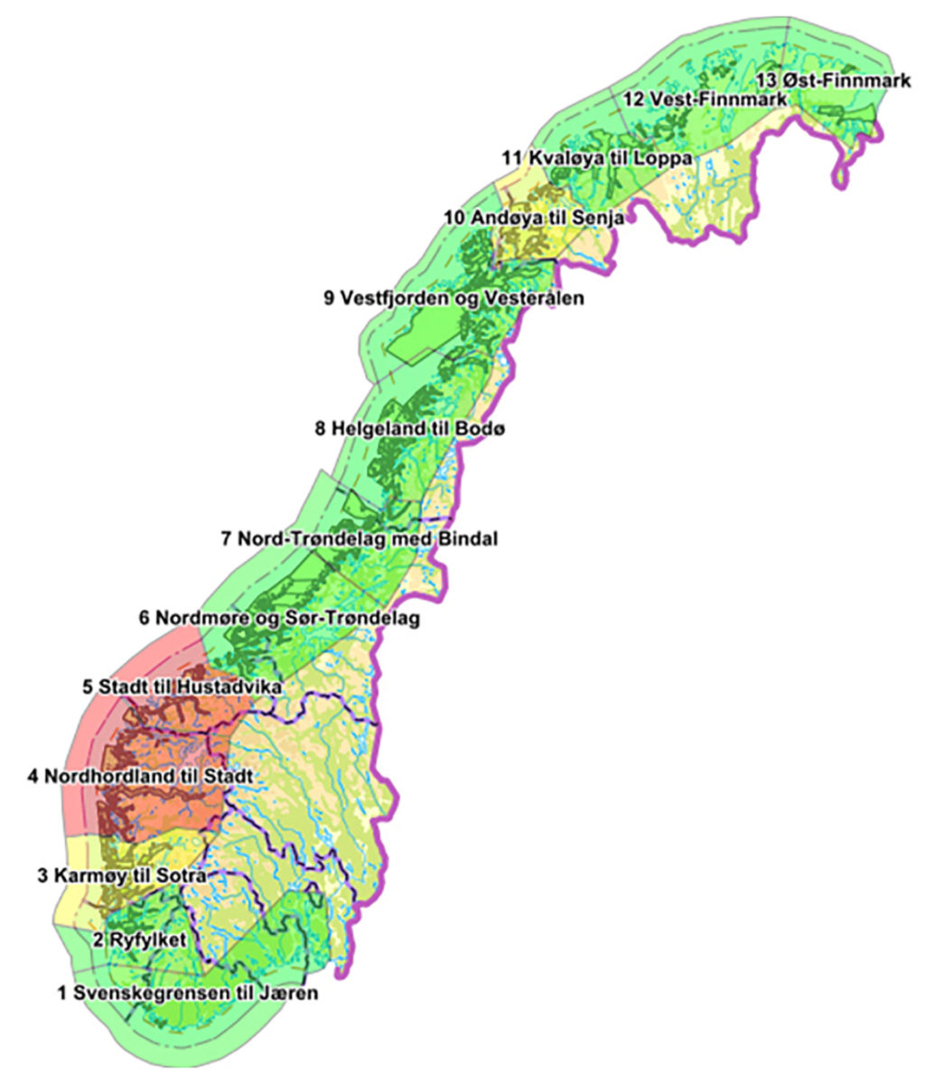 Figur 2: Norske produksjonsområder og tilknyttet trafikklysklassifisering fra juli 2020. Hentet fra Fiskeridirektoratet (2020).