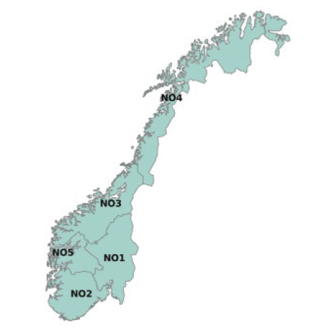 Figur 4. Elprisområder i Norge.<br>Kilde: Norges vassdrags- og energidirektorat